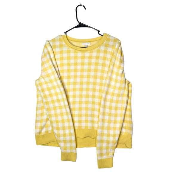 Garnet Hill Pima Cotton Sweater M Butter Yellow White Gingham Preppy Knit Peru - Picture 1 of 12